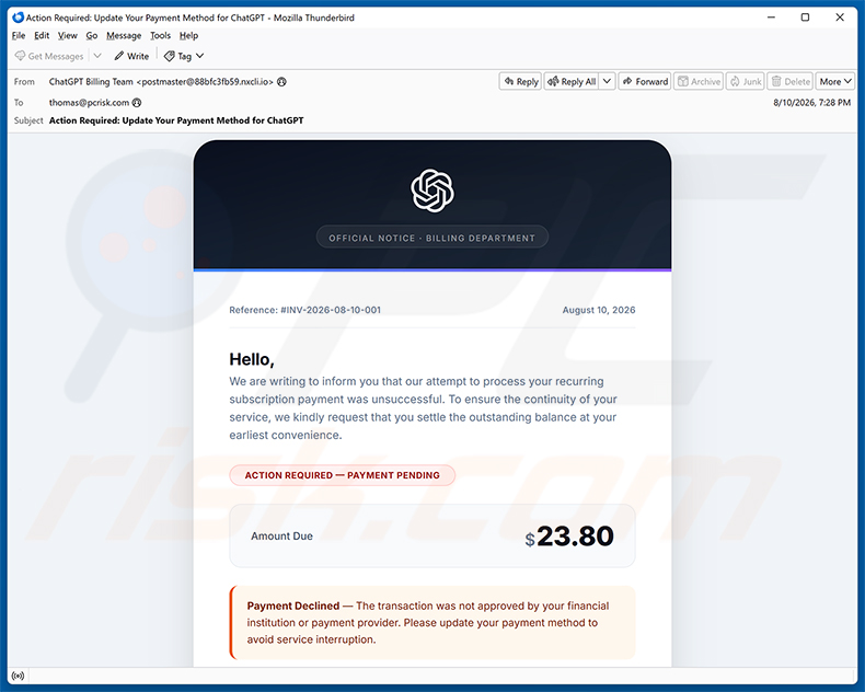 Campanha de spam por e-mail ChatGPT Payment Method Update golpe de e-mail