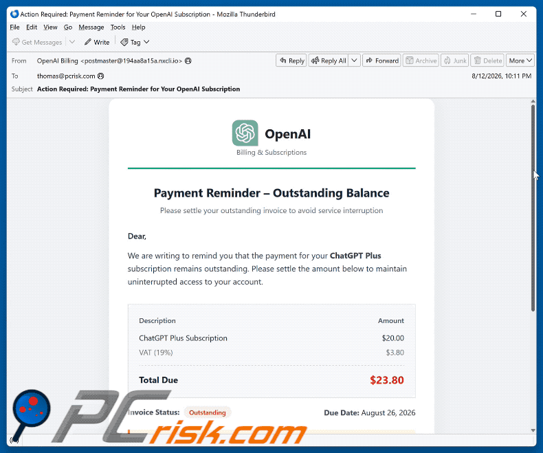 E-mail de golpe ChatGPT Payment Reminder (GIF)