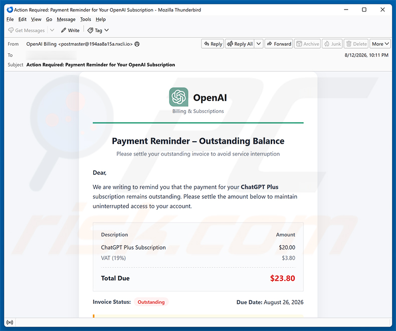 Campanha de spam por e-mail ChatGPT Payment Reminder golpe de e-mail