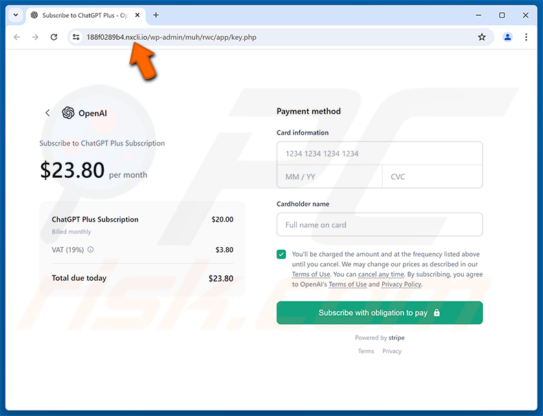 Página de phishing do ChatGPT Payment Reminder golpe de e-mail