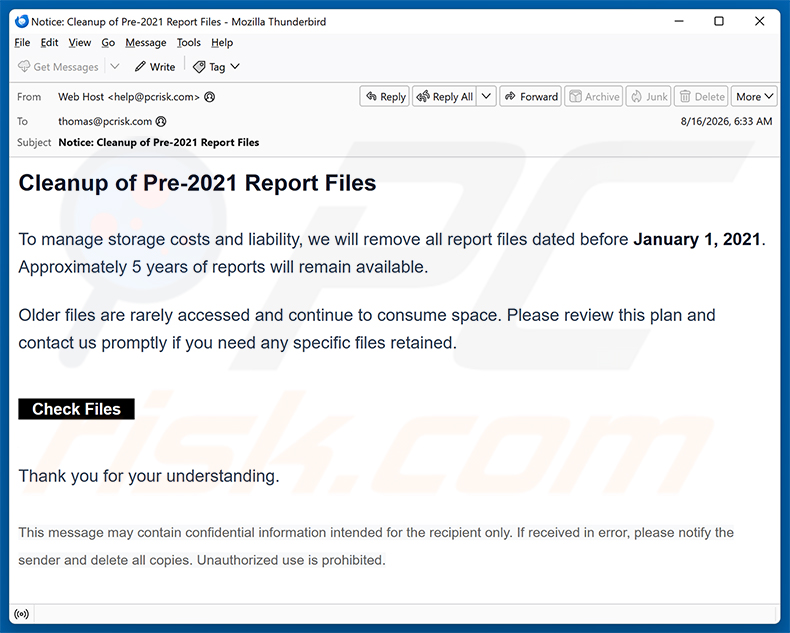 Campanha de spam por e-mail Cleanup Of Pre-2021 Report Files golpe de e-mail