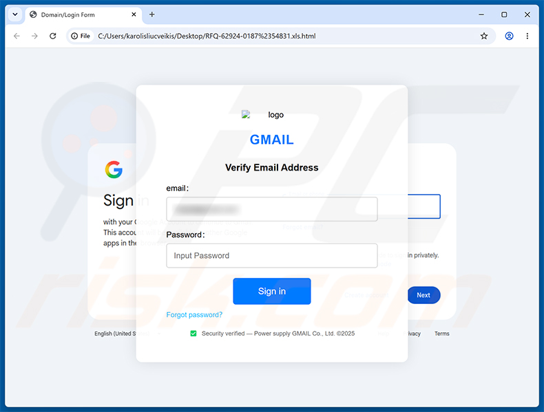 Página de phishing do golpe de e-mail Confirmation Of Request For Quotation (RFQ)