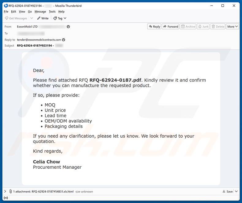 Campanha de spam de e-mail Confirmation Of Request For Quotation (RFQ) golpe de e-mail