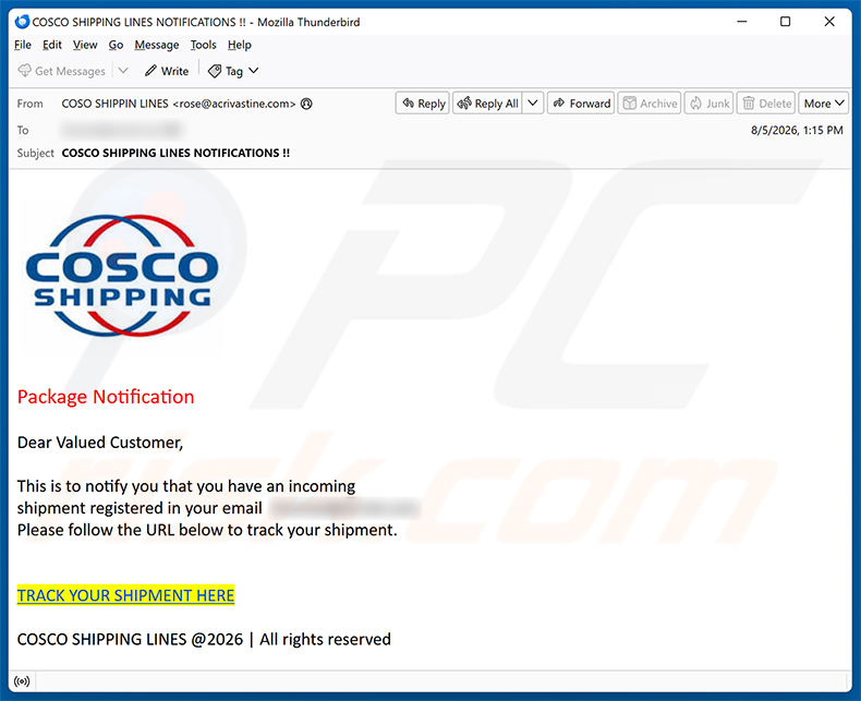 Campanha de spam do golpe de e-mail Cosco Shipping Package Notification