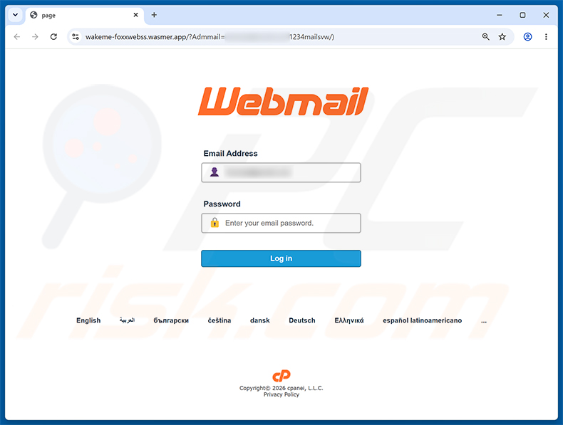 Página de phishing do golpe de e-mail Cosco Shipping Package Notification