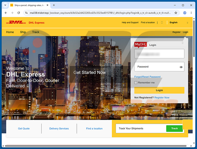 Página de phishing do golpe de e-mail DHL Express - Parcel Sent To Your Home Address