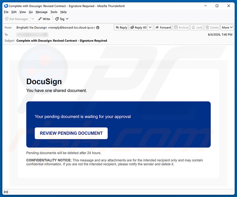 Campanha de spam por e-mail DocuSign Document Is Waiting For Your Approval golpe de e-mail