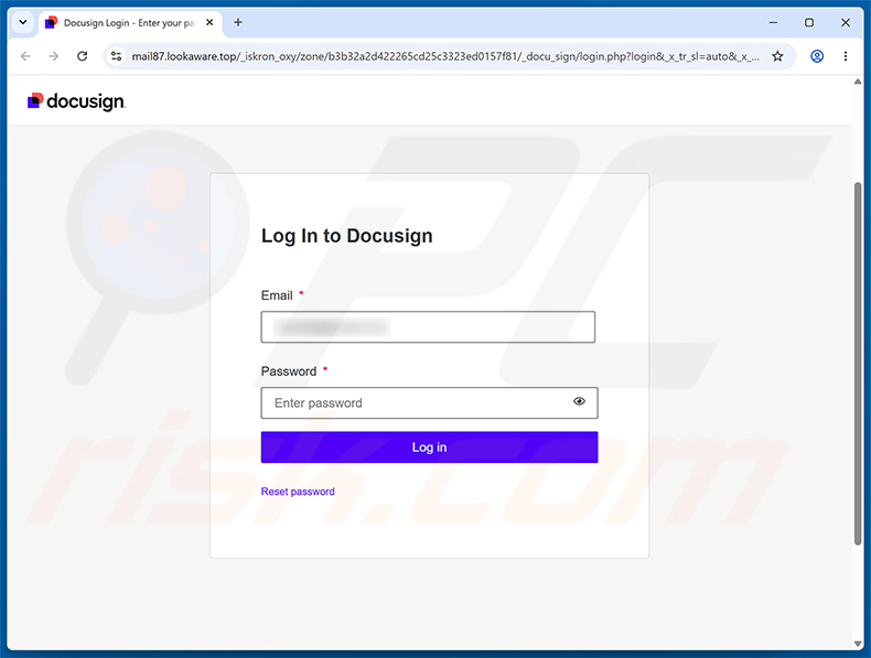 Página de phishing do golpe de e-mail DocuSign Document Is Waiting For Your Approval