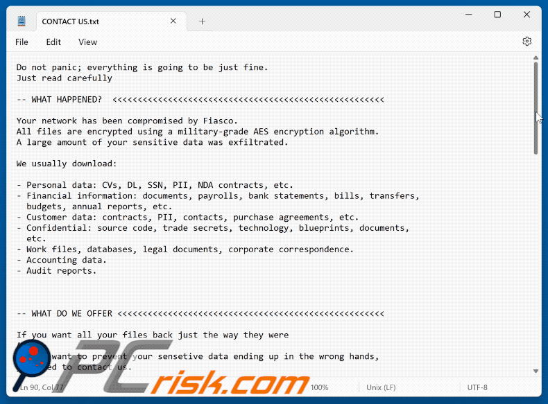 Nota de resgate do Fiasco Ransomware (CONTACT US.txt)