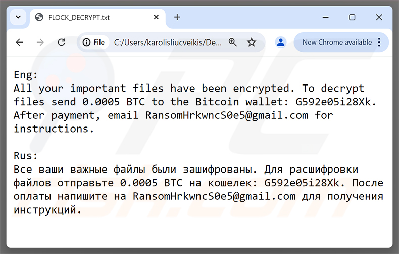 Nota de resgate do FLocker Ransomware (FLOCK_DECRYPT.txt)