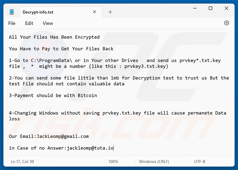 Nota de resgate do ransomware Grandeur (Decrypt-info.txt)