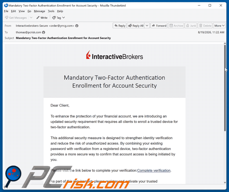 E-mail de golpe Interactive Brokers Two-Factor Authentication (GIF)