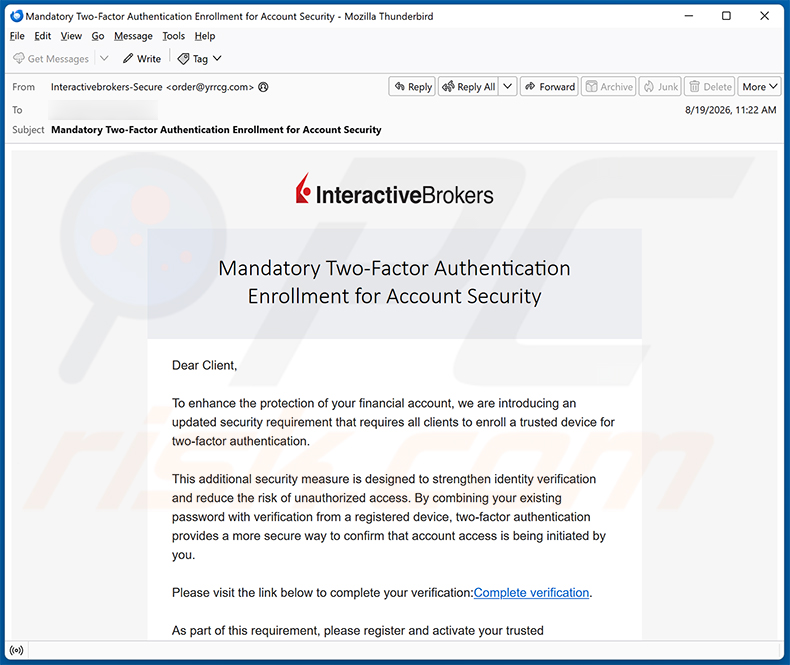 Campanha de spam por e-mail Interactive Brokers Two-Factor Authentication golpe de e-mail
