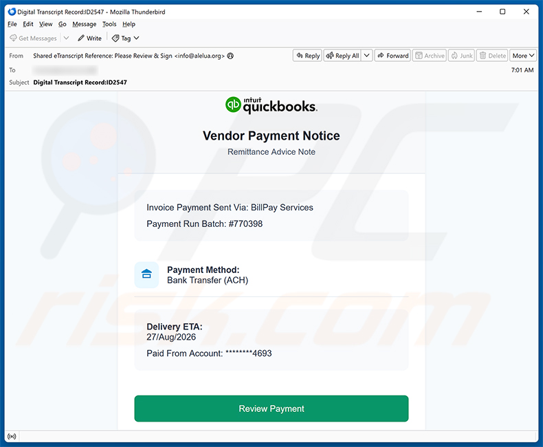 Campanha de spam Intuit QuickBooks - Vendor Payment Notice Email Virus