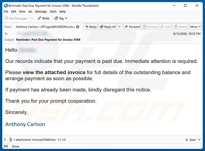 Campanha de spam por e-mail Invoice Payment Is Past Due golpe de e-mail