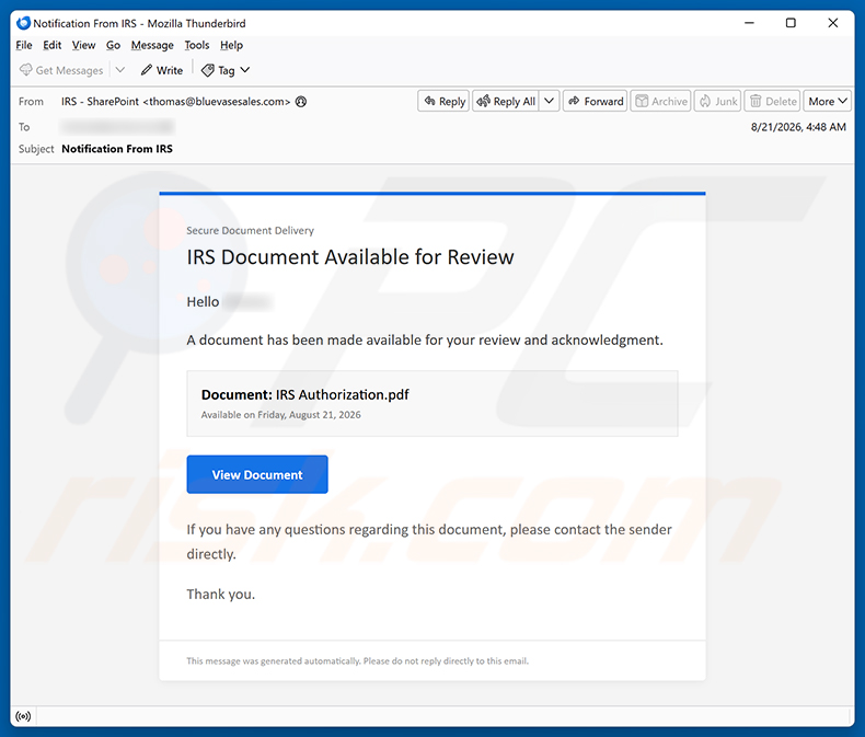 Campanha de spam por e-mail IRS Document Available For Review golpe de e-mail