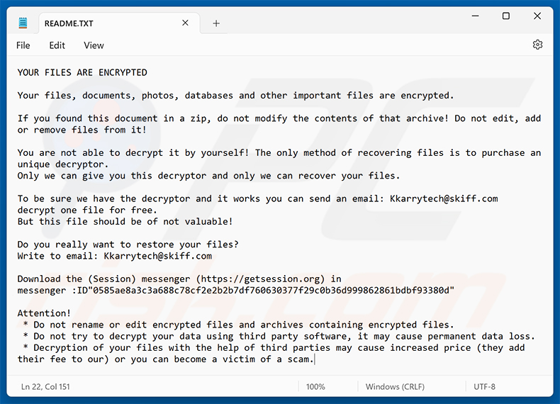 Nota de resgate do ransomware KarryTech (README.TXT)