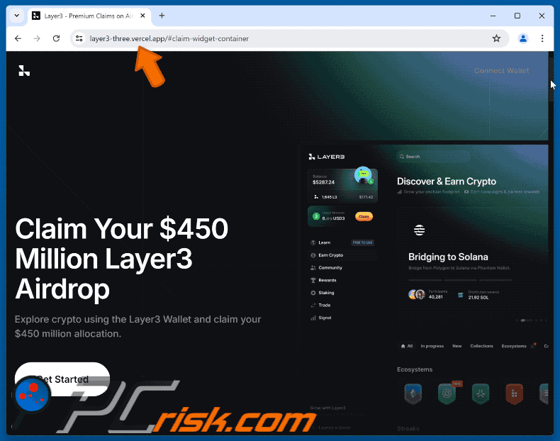 Site falso da Layer3 a funcionar como drenador de criptomoedas