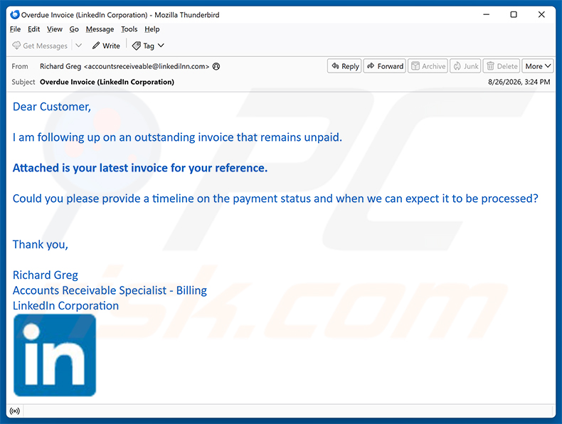 LinkedIn - Outstanding Invoice golpe de e-mail