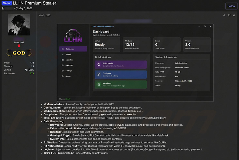 LLHN Stealer promovido em fóruns de hackers