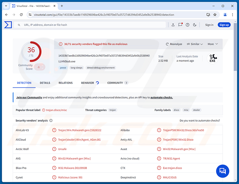 Deteções do malware LLHN Stealer no VirusTotal