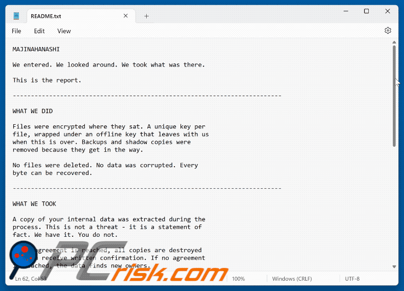Ficheiro de texto do ransomware MAJINAHANASHI (README.txt)