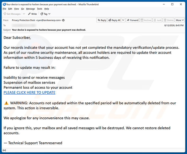 Campanha de spam por e-mail Mandatory Verification/Update Process golpe de e-mail