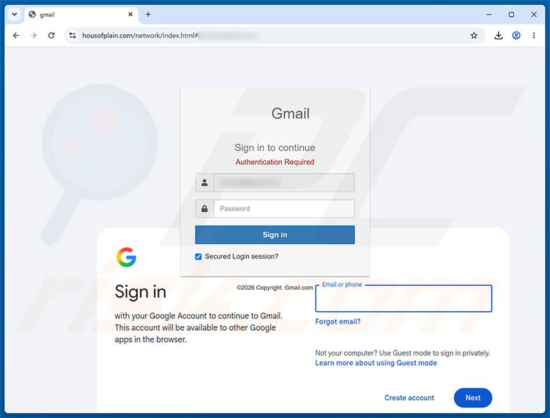 Página de phishing Mandatory Verification/Update Process