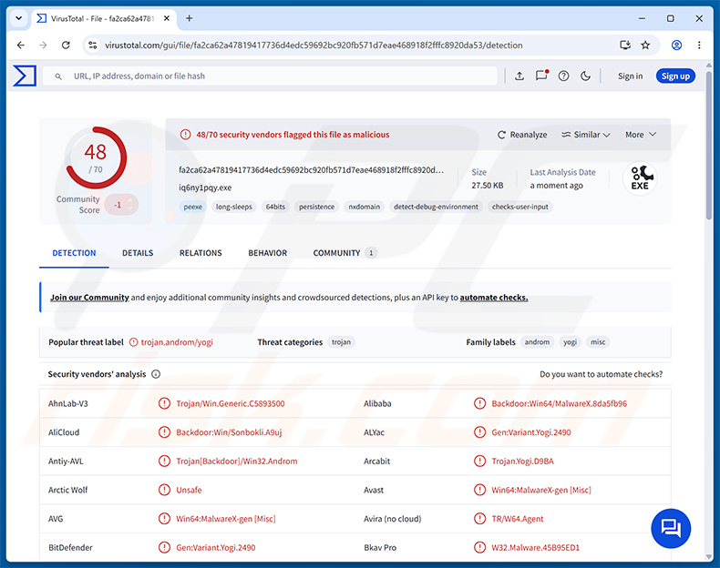 Deteções do malware PackClient RAT no VirusTotal