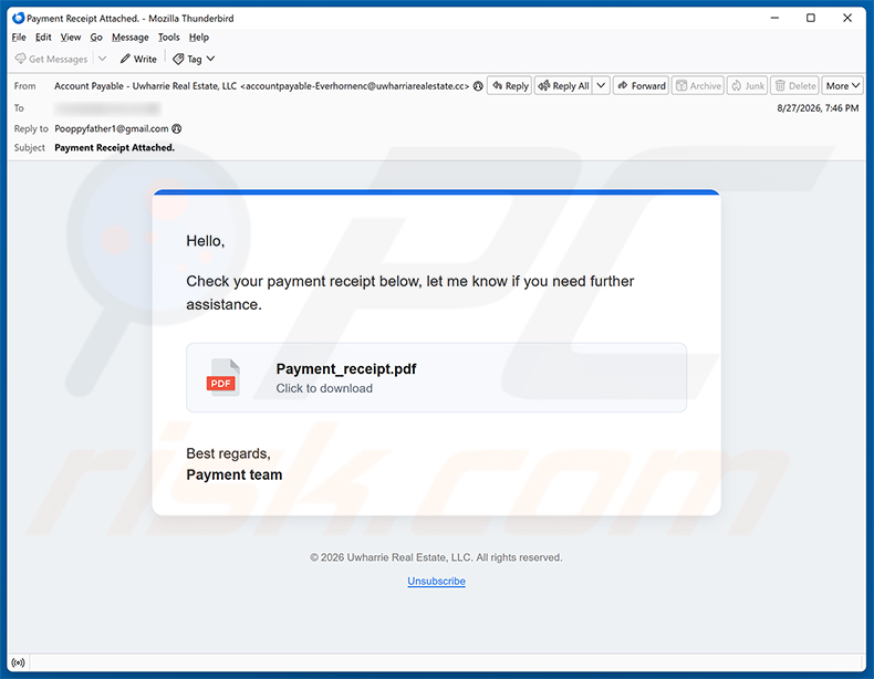 Campanha de spam por e-mail Payment Receipt golpe de e-mail
