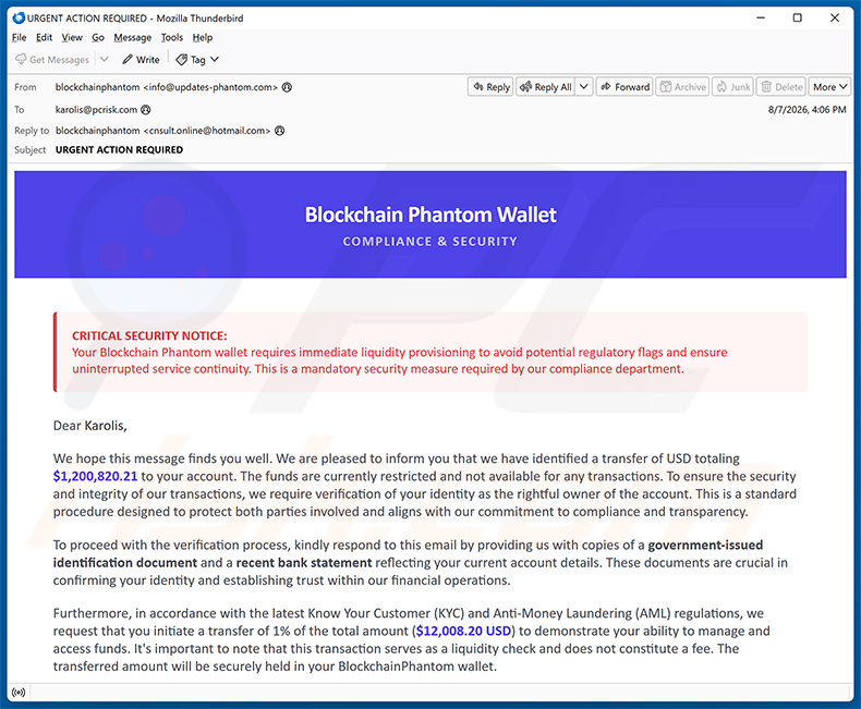 Phantom Wallet Identity Confirmation golpe de e-mail