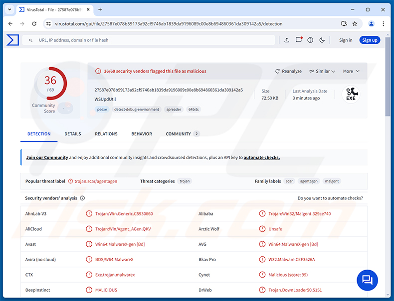 Deteções do PINHOLE RAT no VirusTotal