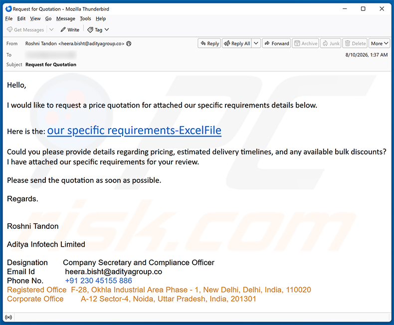 Campanha de spam por e-mail Price Quotation Request golpe de e-mail