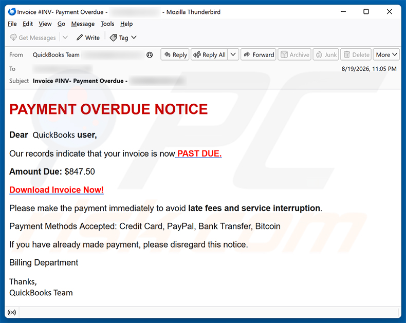Campanha de spam por e-mail QuickBooks - Payment Overdue golpe de e-mail