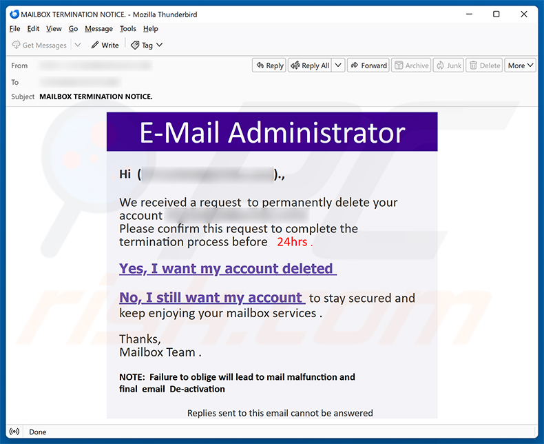 Campanha de spam por e-mail Request To Permanently Delete Your Account