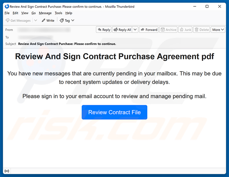 Campanha de spam por e-mail Review And Sign Contract Purchase Agreement golpe de e-mail