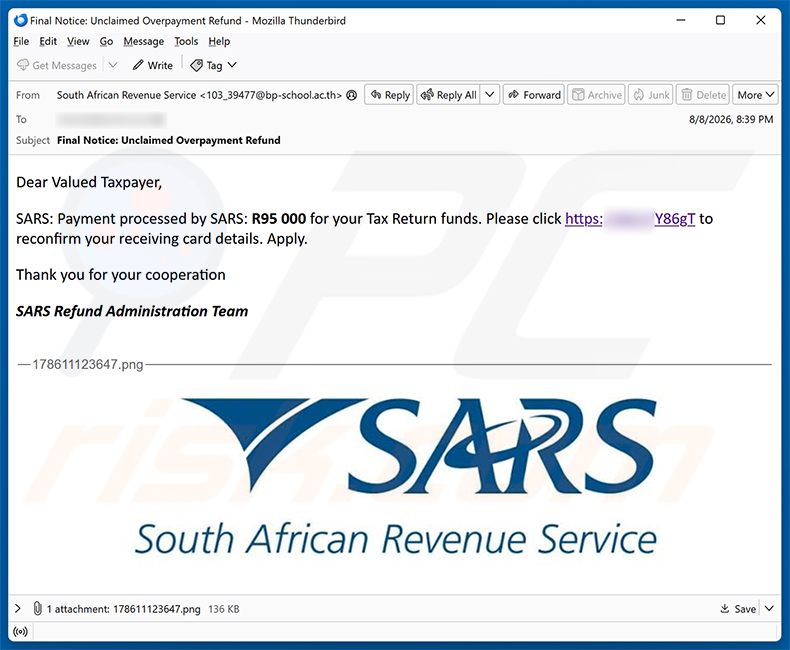 Campanha de spam por e-mail SARS Tax Refund Email Scam