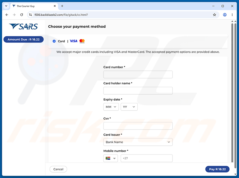 Página de recolha de detalhes de cartão de crédito do SARS Tax Refund Email Scam