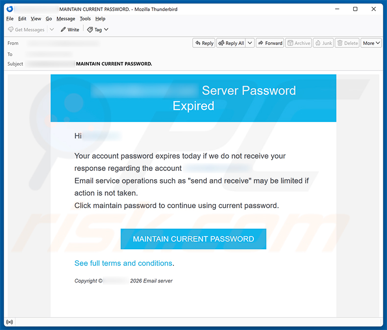 Campanha de spam por e-mail Server Password Expired golpe de e-mail