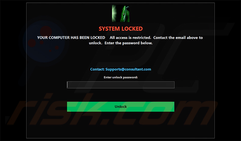 Ecrã de bloqueio do SnakeBiteAgent RAT apresentado num computador infetado