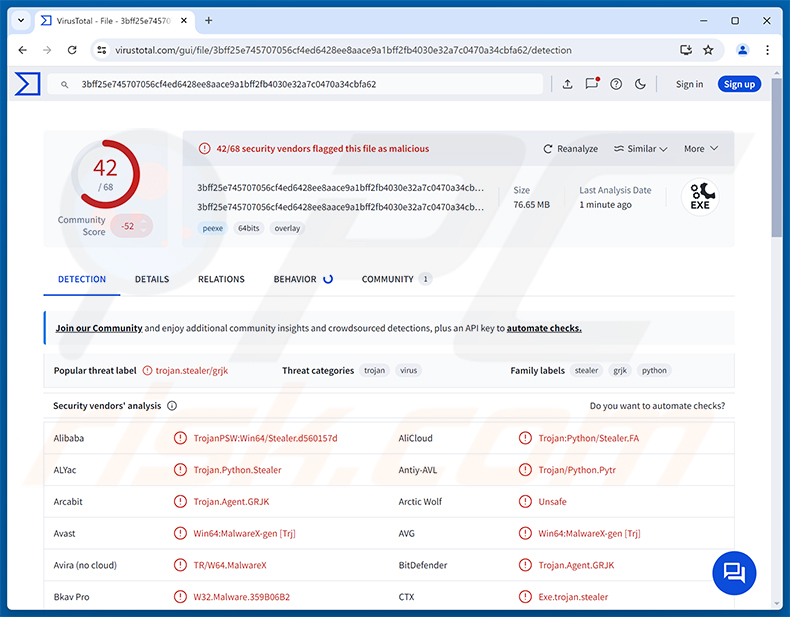 Deteções de malware Vanta Stealer no VirusTotal