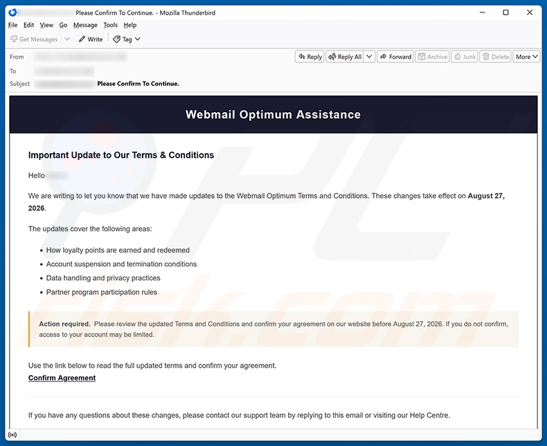 Campanha de spam por e-mail Webmail Optimum Terms and Conditions Update golpe de e-mail