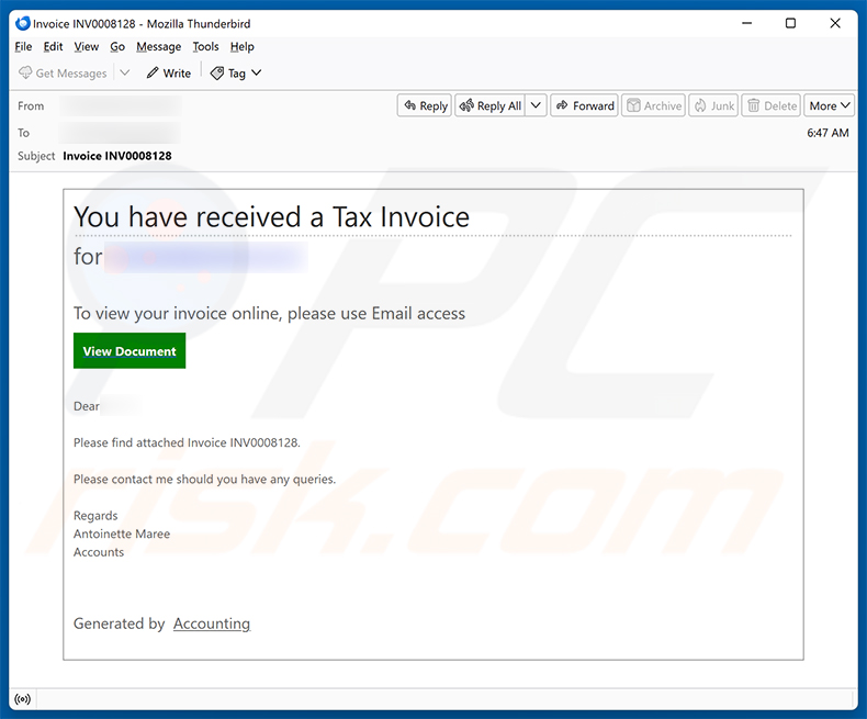 Campanha de spam por e-mail You Have Received A Tax Invoice golpe de e-mail