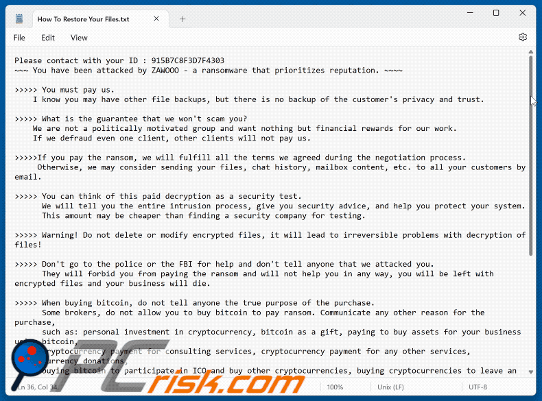 Nota de resgate do ransomware ZAWOOO (How To Restore Your Files.txt)