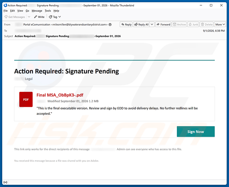 Campanha de spam por e-mail Action Required: Signature Pending