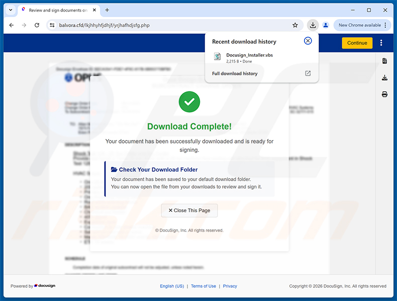 Site malicioso promovido através da campanha de spam Action Required: Signature Pending