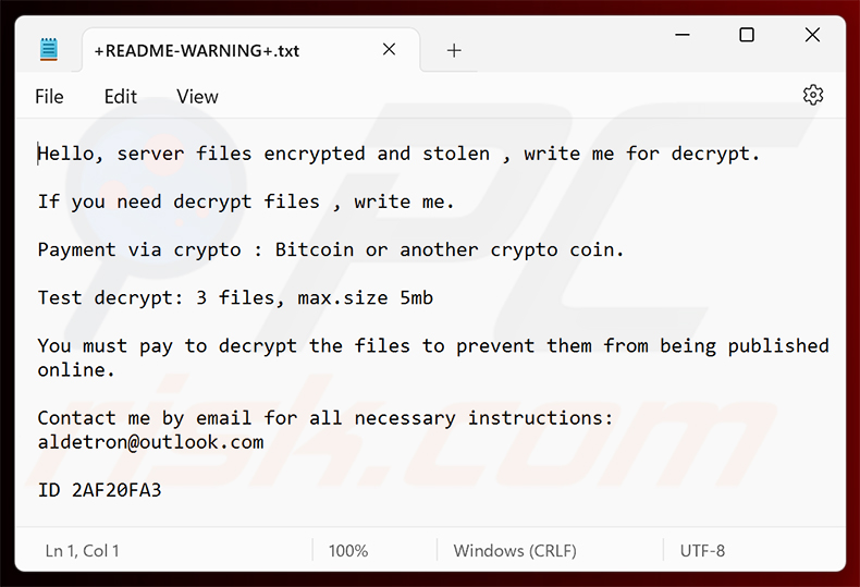 Nota de resgate do ransomware Aldet (+README-WARNING+.txt)
