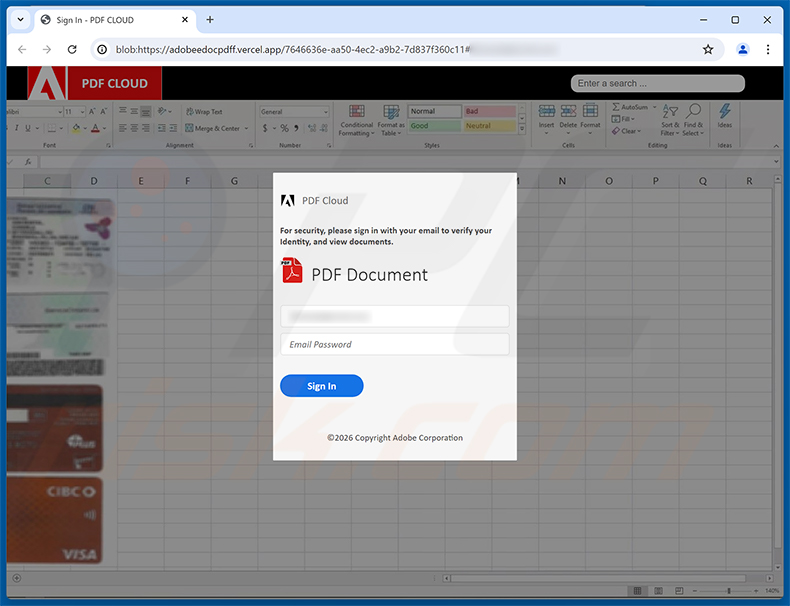 Página de phishing do Card Authorization Form golpe de e-mail