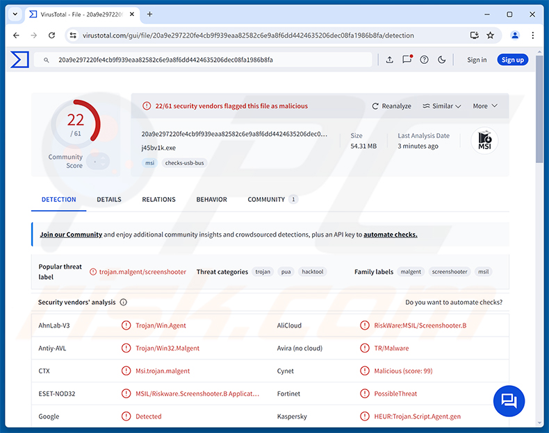 Deteções do malware ChainScript RAT no VirusTotal