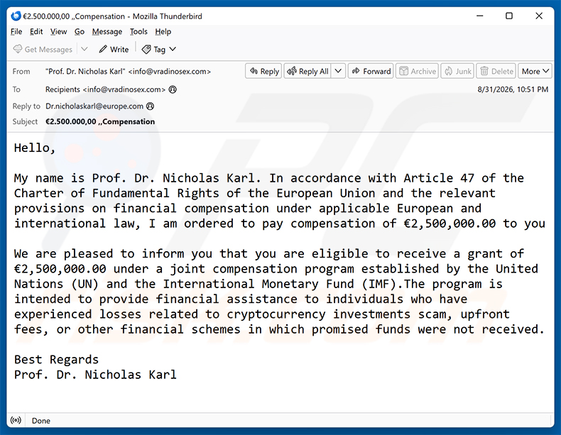Campanha de spam por e-mail Compensation Program golpe de e-mail